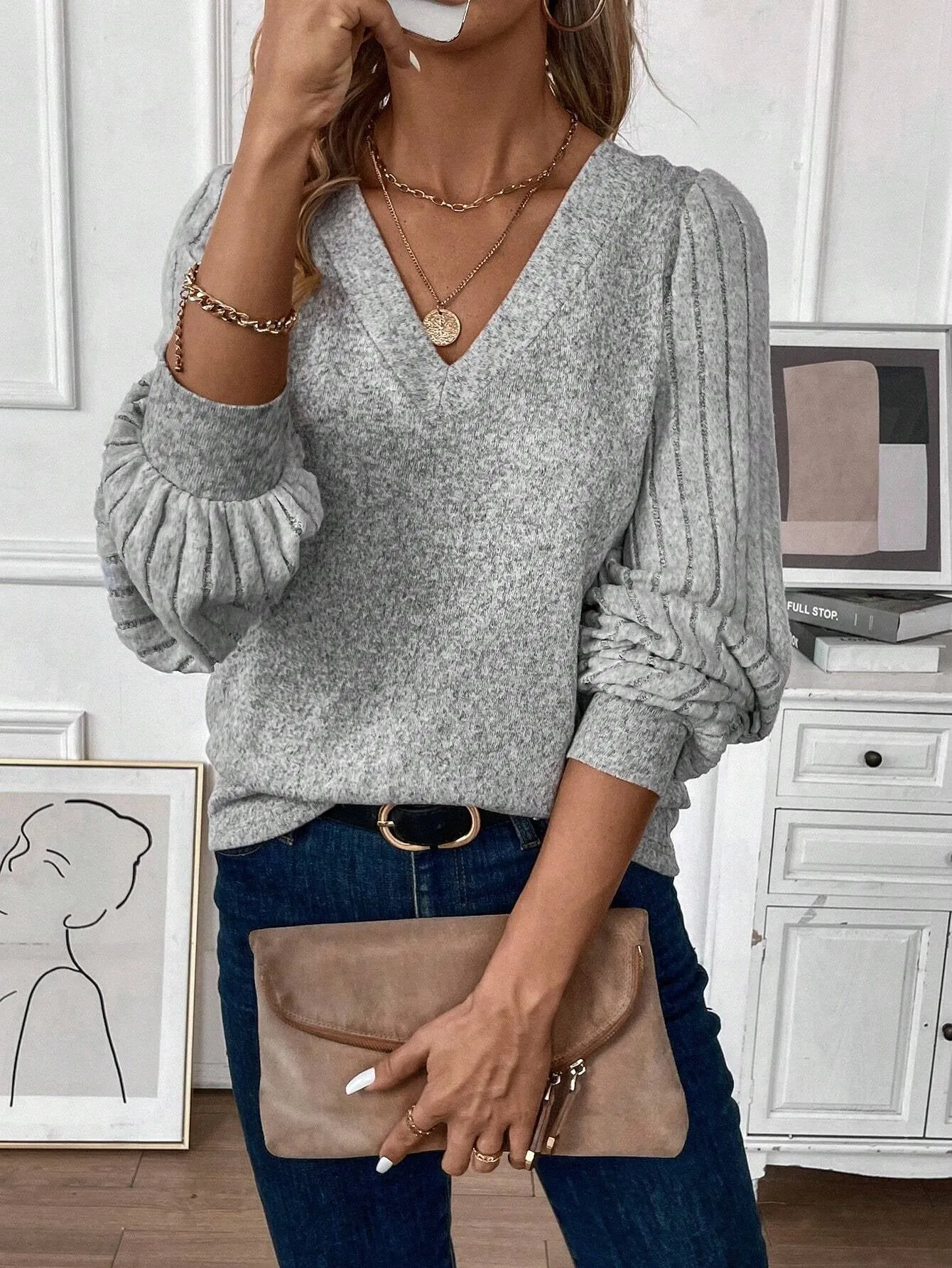 Cozy Lantern Sleeve V Neck Top
