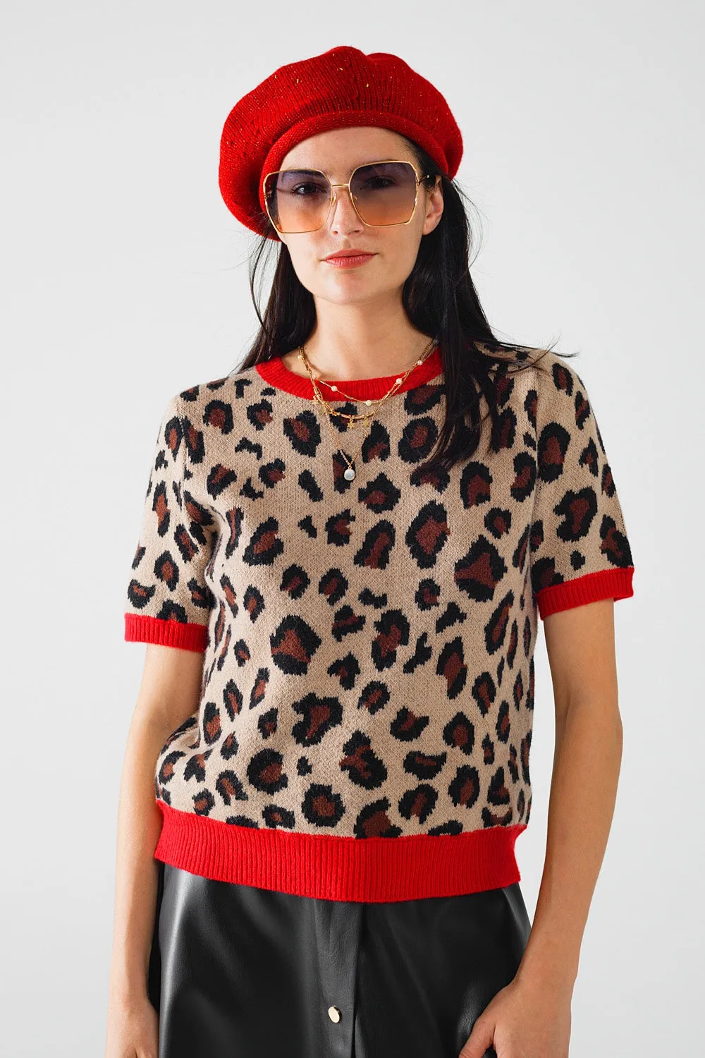 cozy panther print sweater shirt with red edges