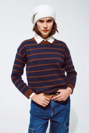 Crew Neck Stripy Sweater in Navy and Rust Orange