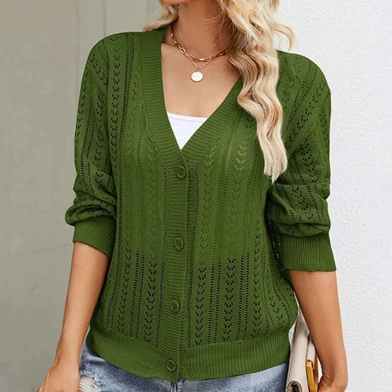Cropped Cardigan Sweaters for Women Long Sleeve Crochet Knit Shrug Open Front V-Neck Button up Tops K592