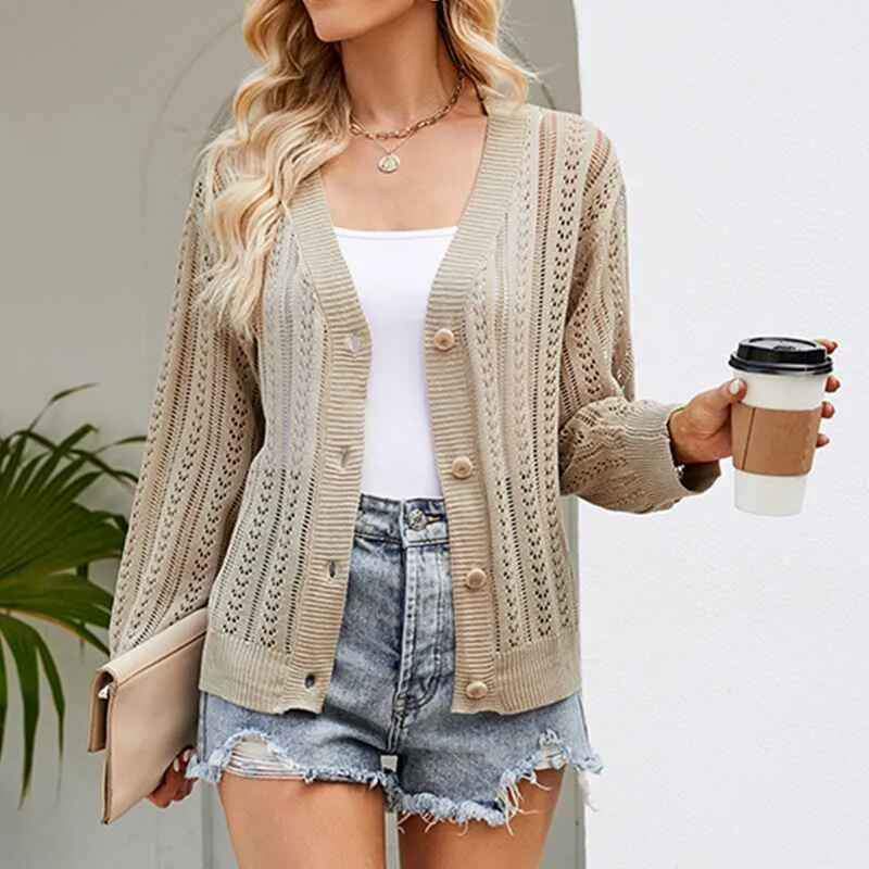 Cropped Cardigan Sweaters for Women Long Sleeve Crochet Knit Shrug Open Front V-Neck Button up Tops K592