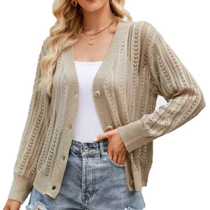 Cropped Cardigan Sweaters for Women Long Sleeve Crochet Knit Shrug Open Front V-Neck Button up Tops K592