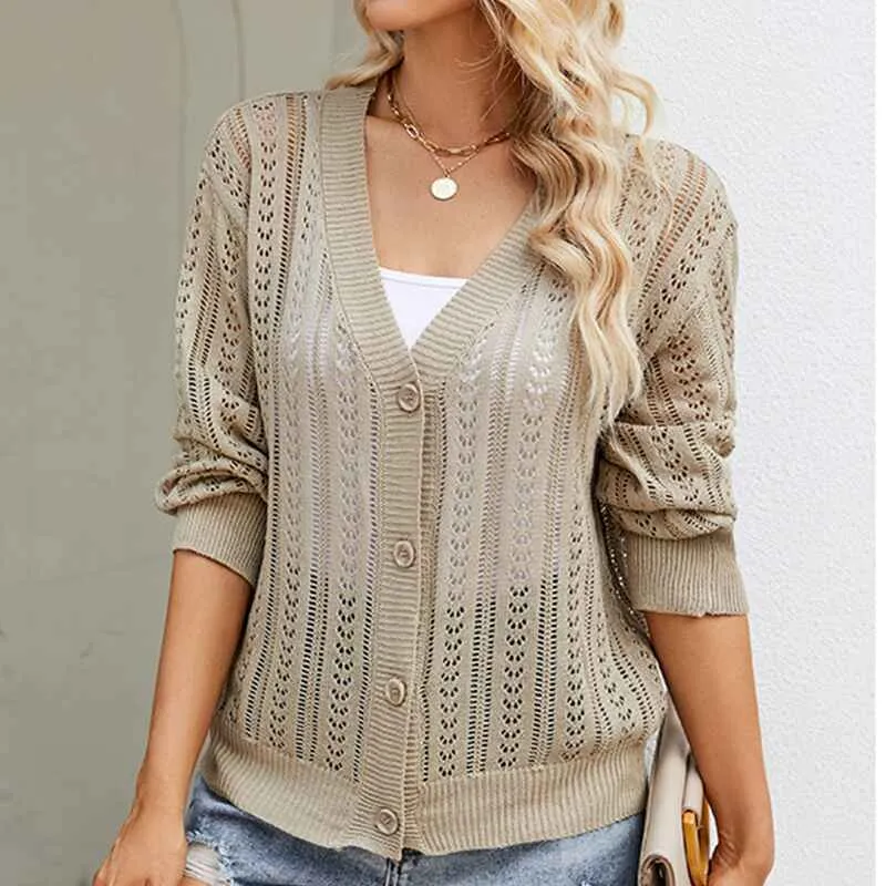 Cropped Cardigan Sweaters for Women Long Sleeve Crochet Knit Shrug Open Front V-Neck Button up Tops K592