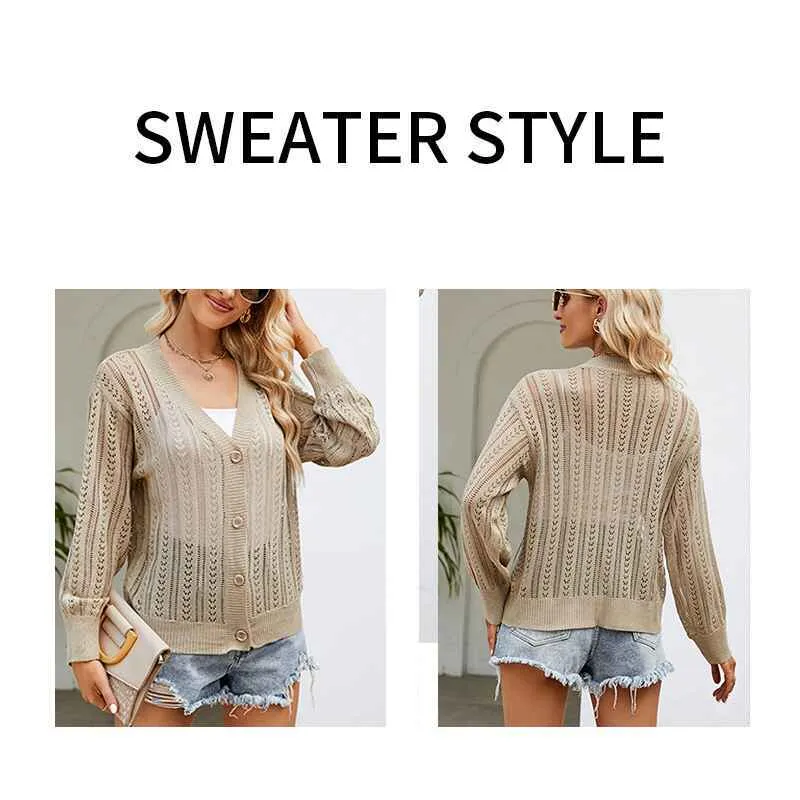 Cropped Cardigan Sweaters for Women Long Sleeve Crochet Knit Shrug Open Front V-Neck Button up Tops K592