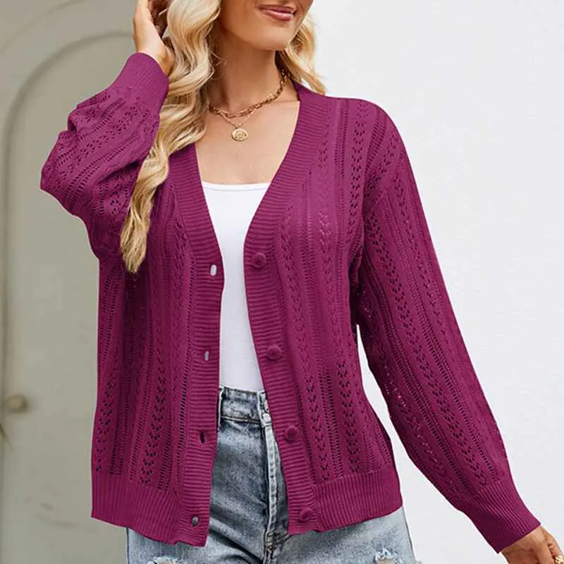 Cropped Cardigan Sweaters for Women Long Sleeve Crochet Knit Shrug Open Front V-Neck Button up Tops K592