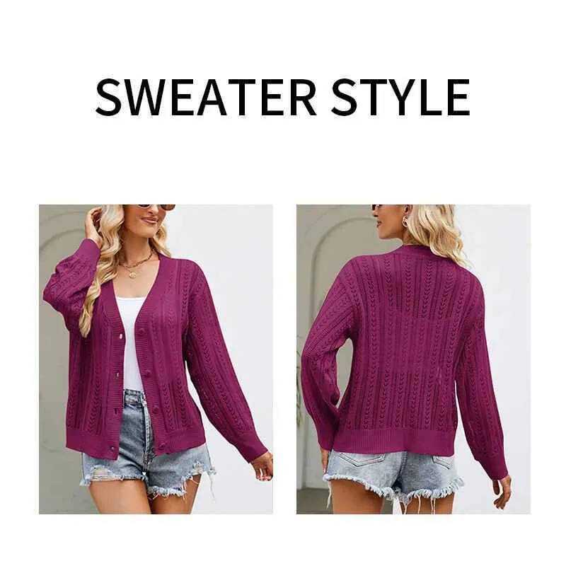 Cropped Cardigan Sweaters for Women Long Sleeve Crochet Knit Shrug Open Front V-Neck Button up Tops K592