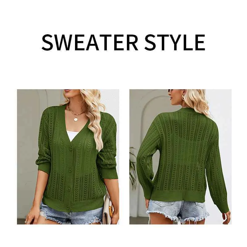 Cropped Cardigan Sweaters for Women Long Sleeve Crochet Knit Shrug Open Front V-Neck Button up Tops K592