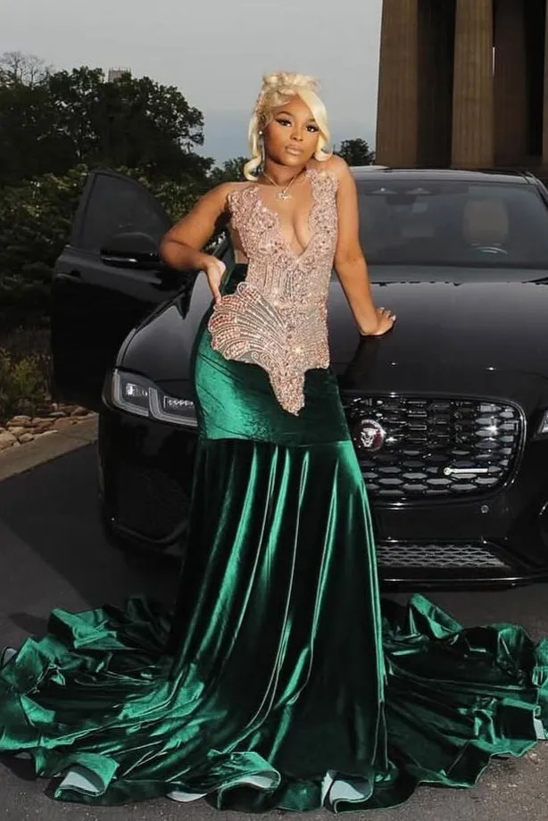 Dark Green Champange Beaded V-neck Sleeveless Long Prom Dresses