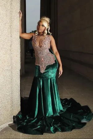 Dark Green Champange Beaded V-neck Sleeveless Long Prom Dresses
