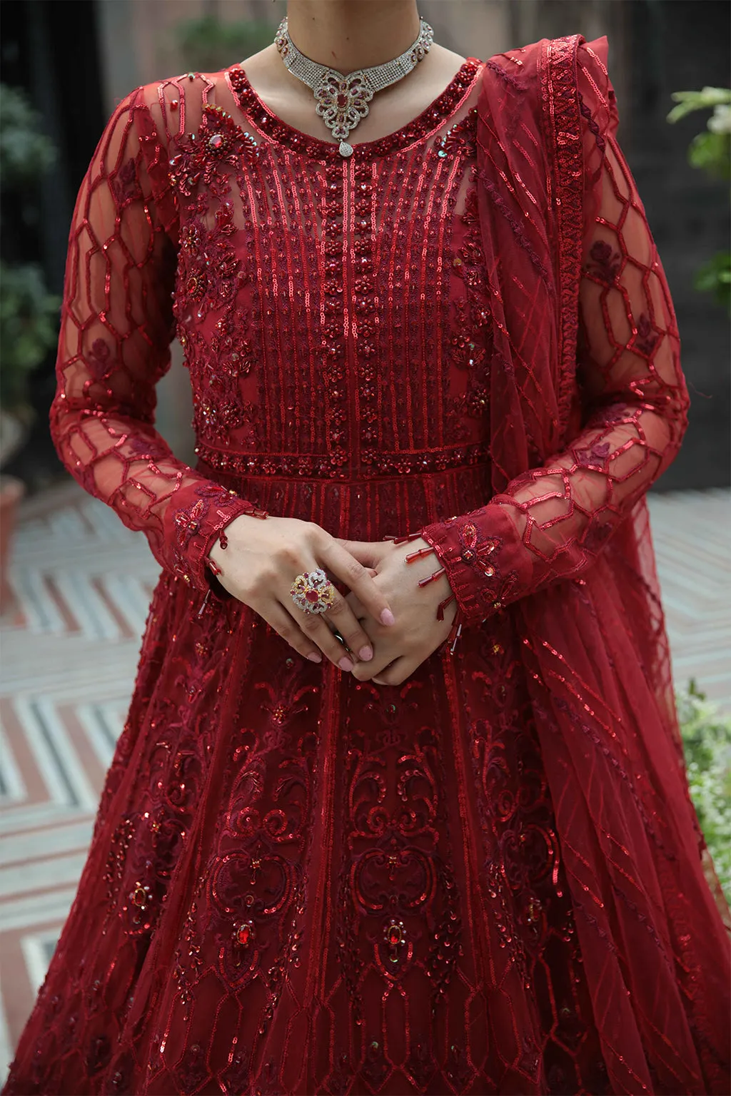 Deep Red Heavily Embellished Pakistani Wedding Dress in Pishwas Style
