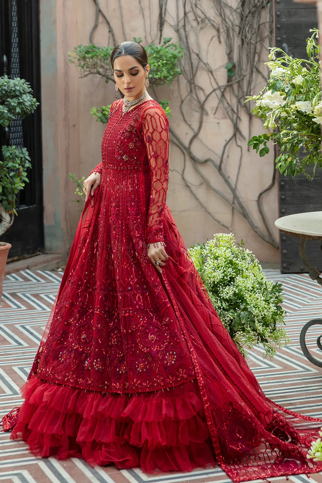 Deep Red Heavily Embellished Pakistani Wedding Dress in Pishwas Style