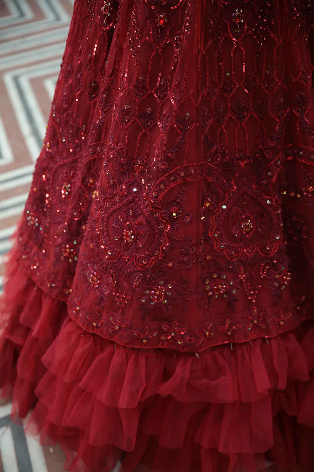 Deep Red Heavily Embellished Pakistani Wedding Dress in Pishwas Style