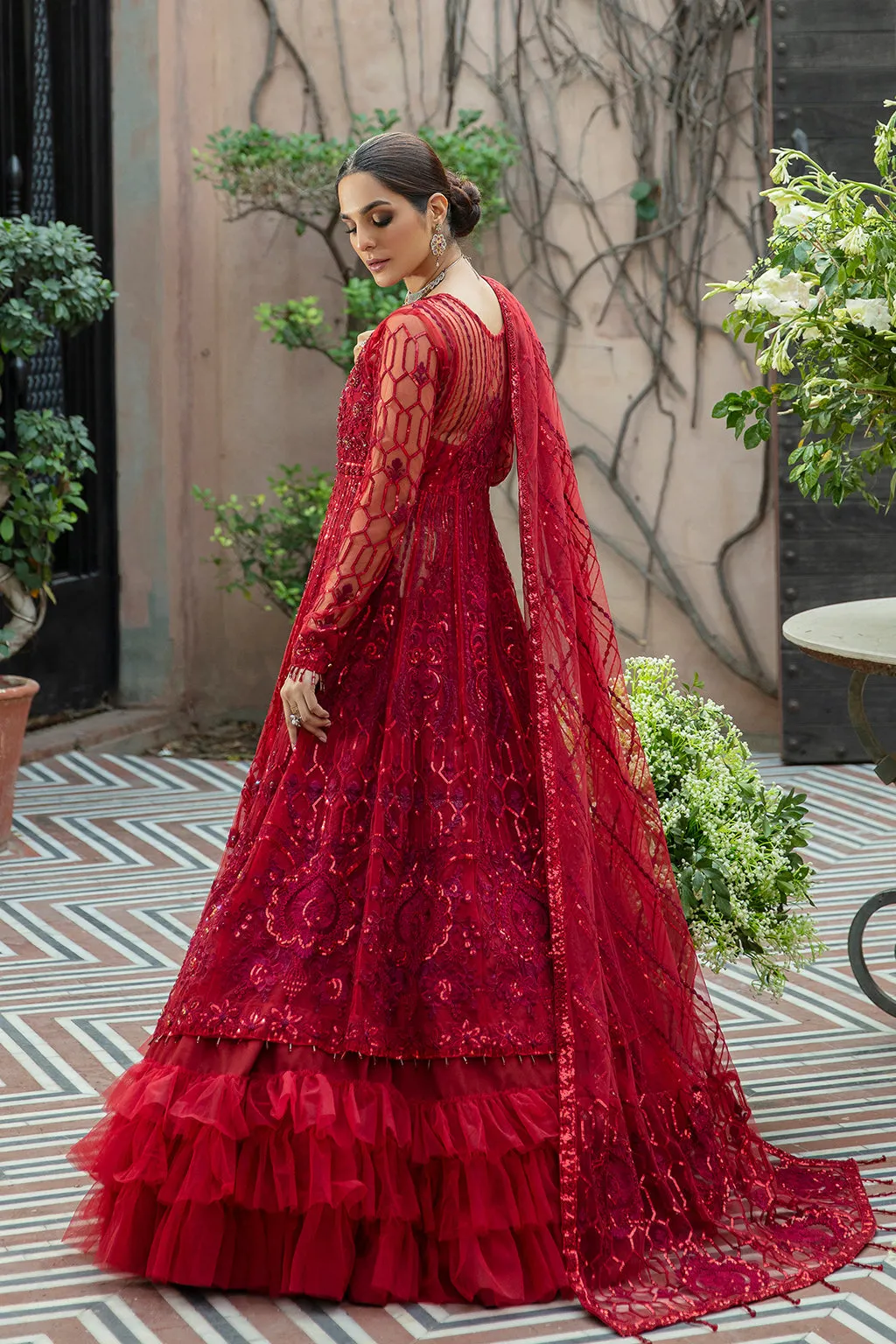 Deep Red Heavily Embellished Pakistani Wedding Dress in Pishwas Style