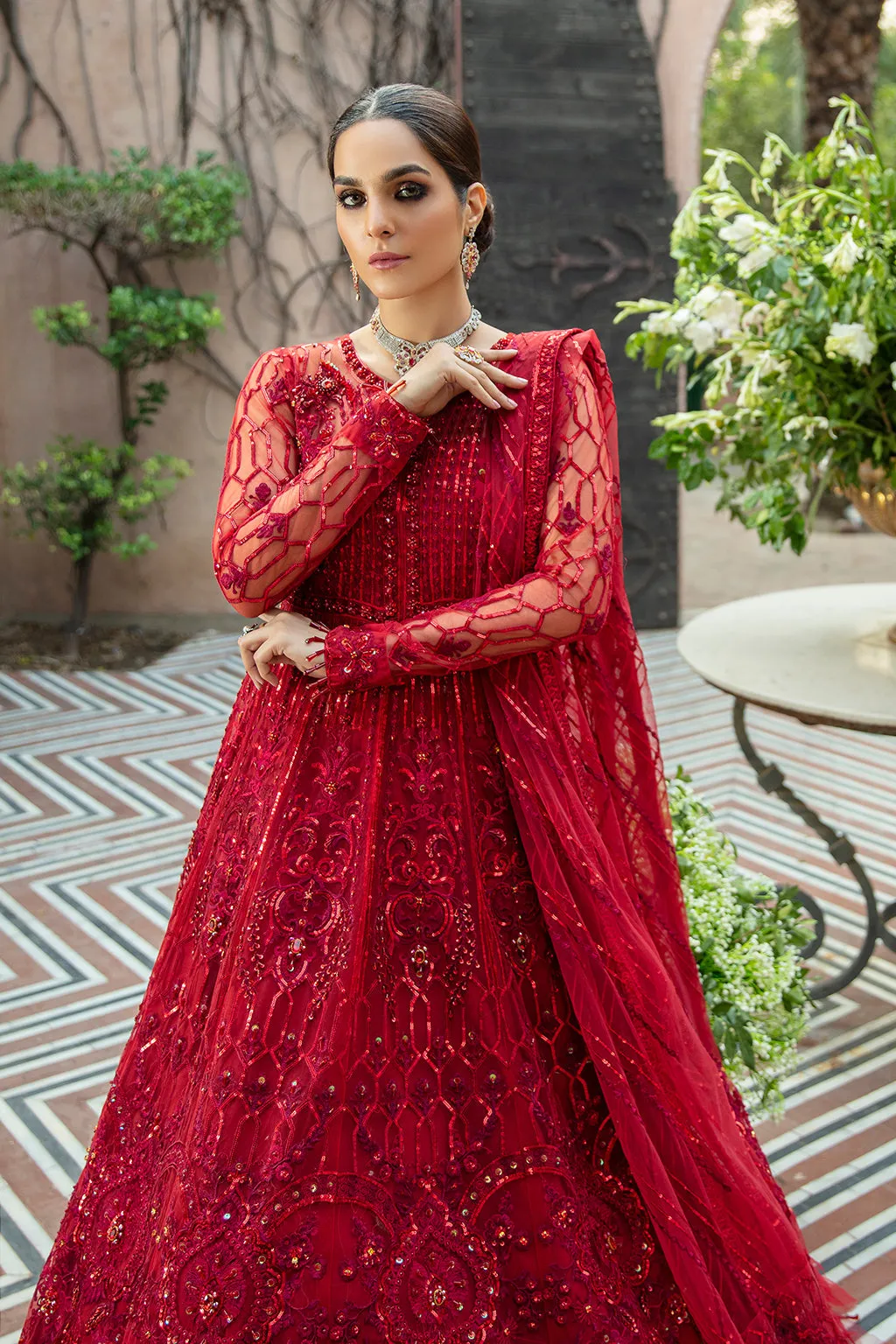 Deep Red Heavily Embellished Pakistani Wedding Dress in Pishwas Style