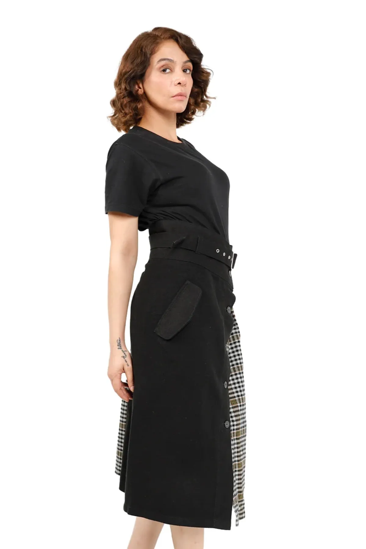 Dusk & Dawn Asymmetric Plaid Skirt with Belt Loops and Side Pocket