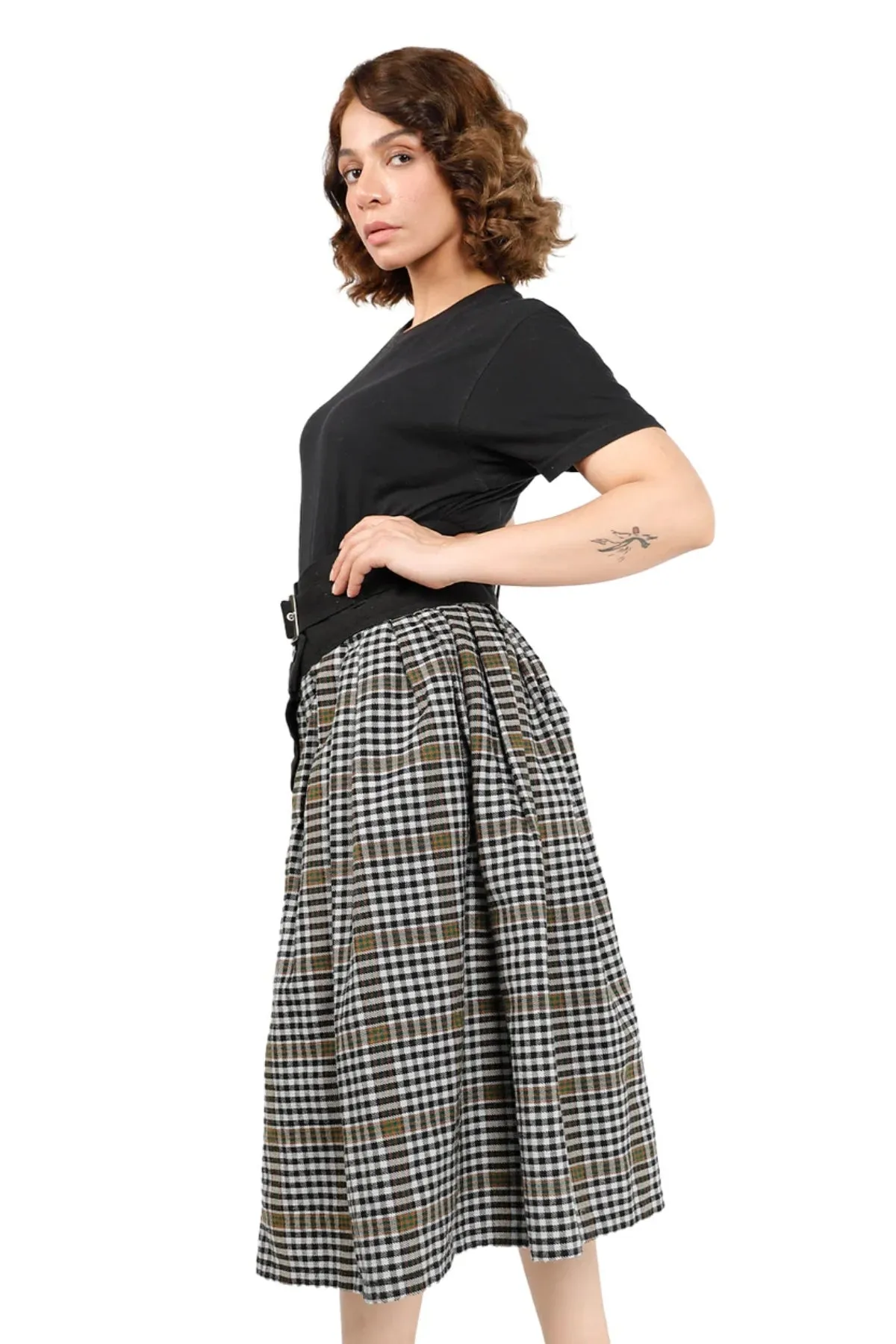 Dusk & Dawn Asymmetric Plaid Skirt with Belt Loops and Side Pocket