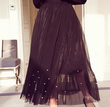 Elastic waist Lace flower length skirt spring Korean female Pearl Beaded gauze skirt Tutu skirt body elegant skirt