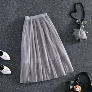 Elastic waist Lace flower length skirt spring Korean female Pearl Beaded gauze skirt Tutu skirt body elegant skirt