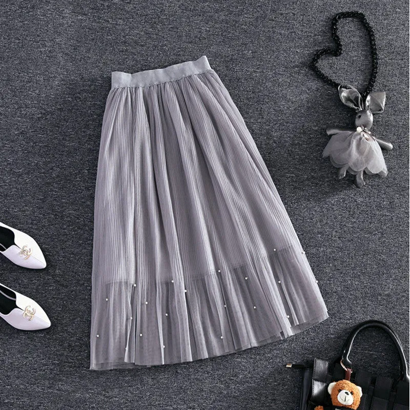 Elastic waist Lace flower length skirt spring Korean female Pearl Beaded gauze skirt Tutu skirt body elegant skirt