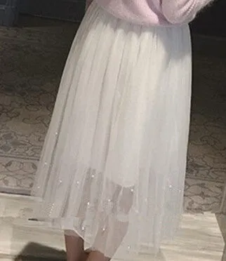 Elastic waist Lace flower length skirt spring Korean female Pearl Beaded gauze skirt Tutu skirt body elegant skirt