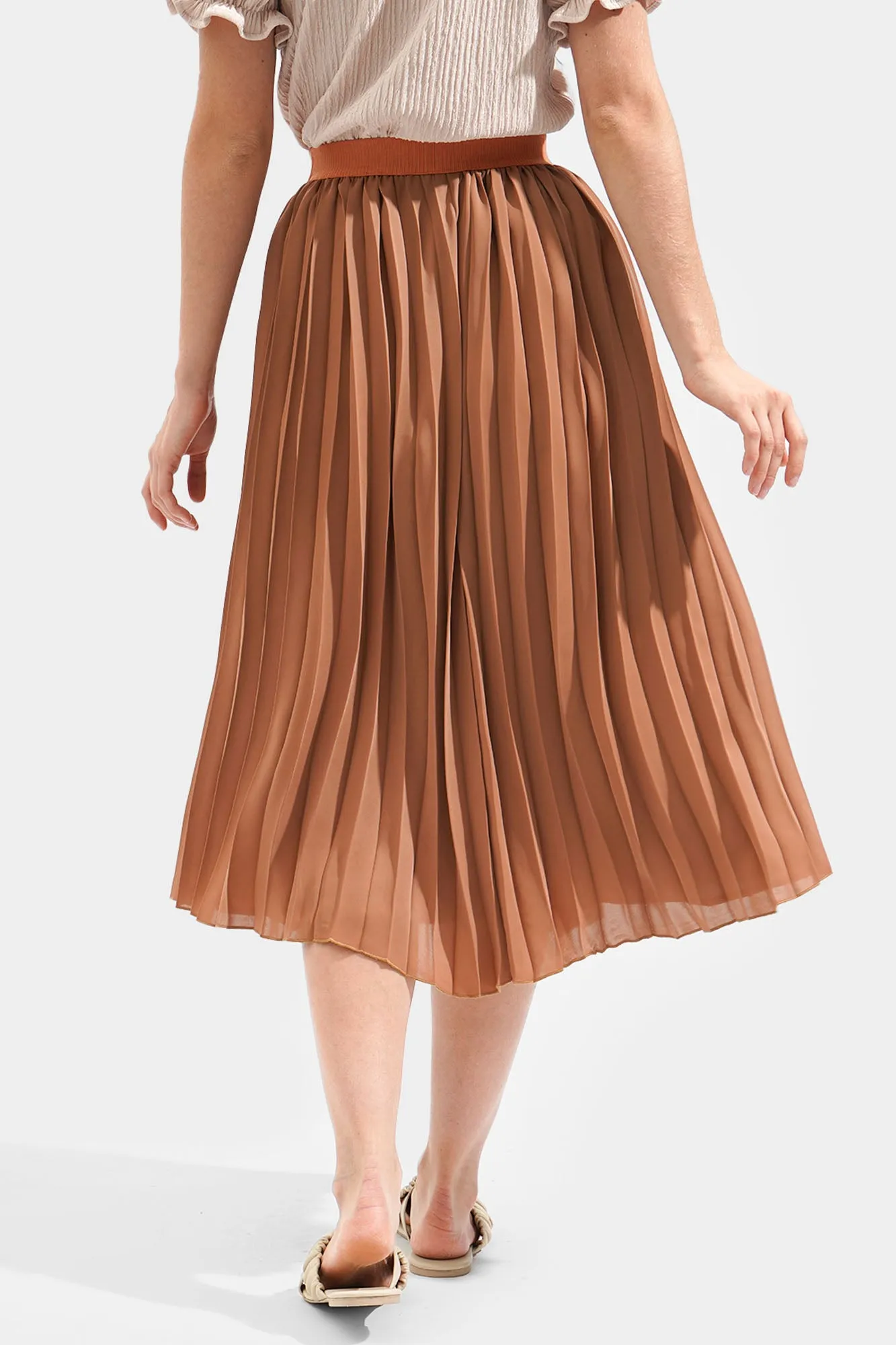 Elastic Waistband Pleated Midi Skirt
