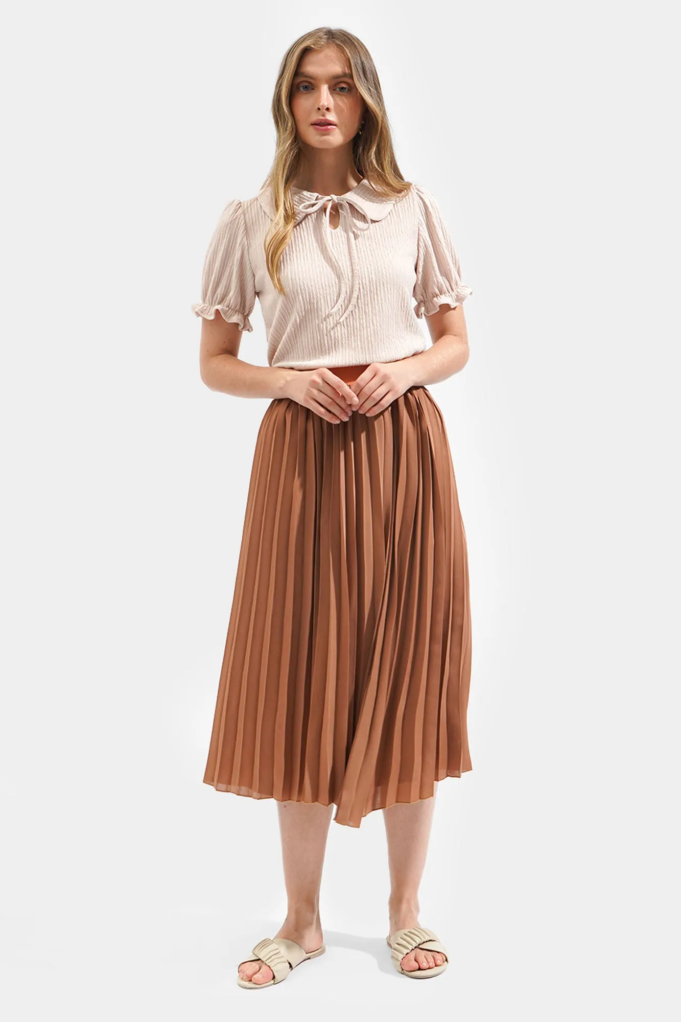 Elastic Waistband Pleated Midi Skirt