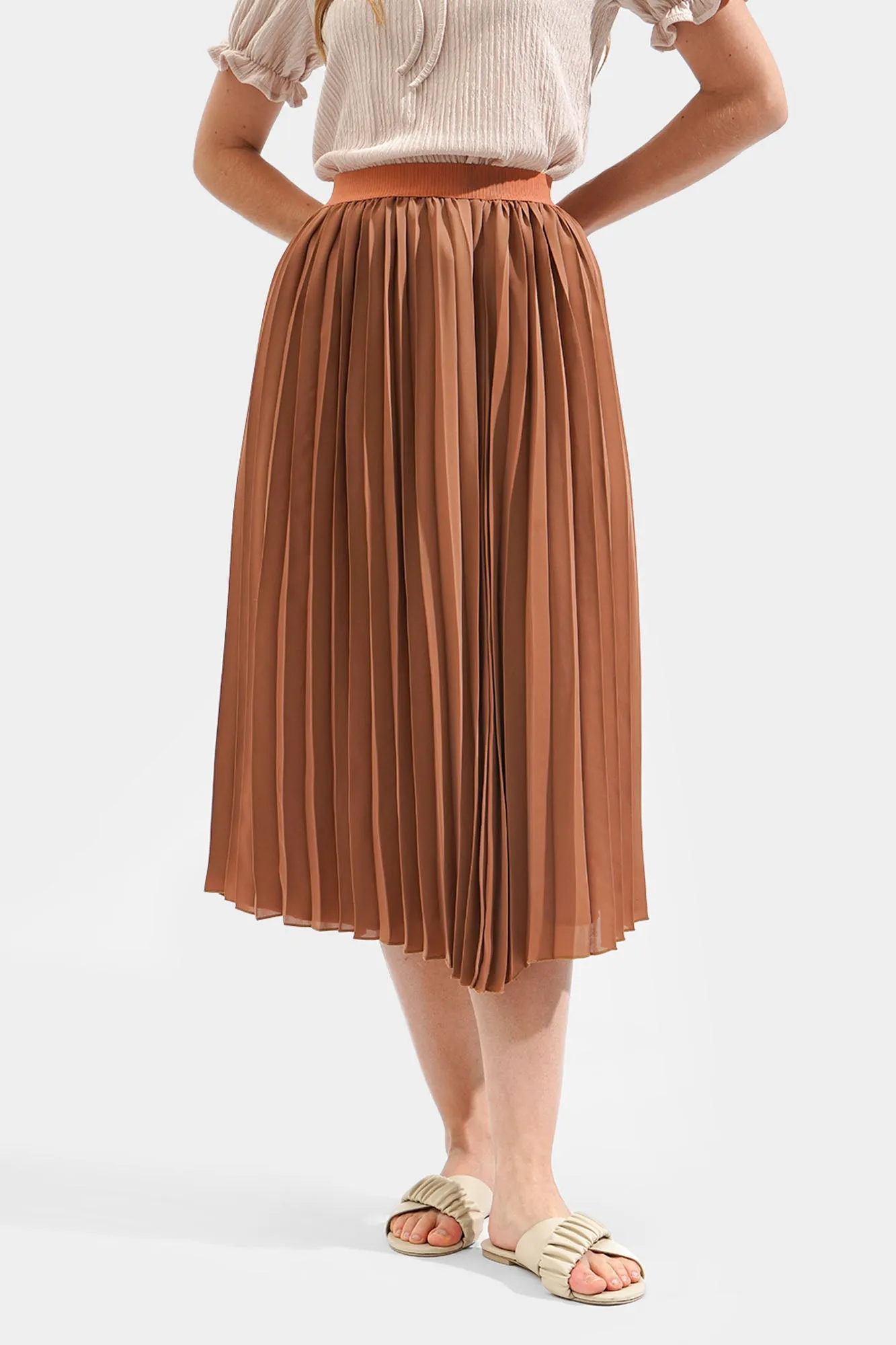 Elastic Waistband Pleated Midi Skirt