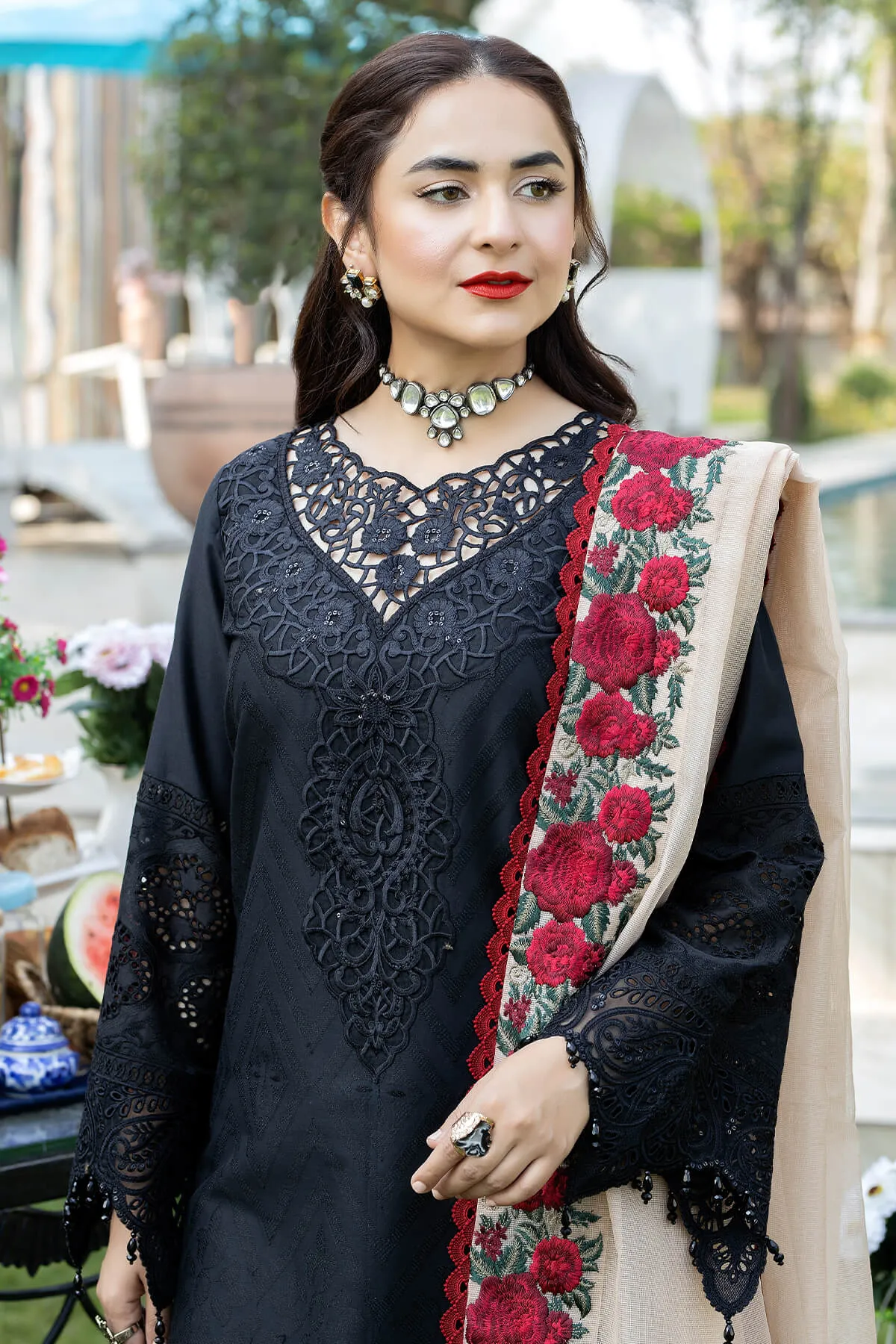 Elegant Pakistani Black Embroidered Long Kameez Trousers Party Dress