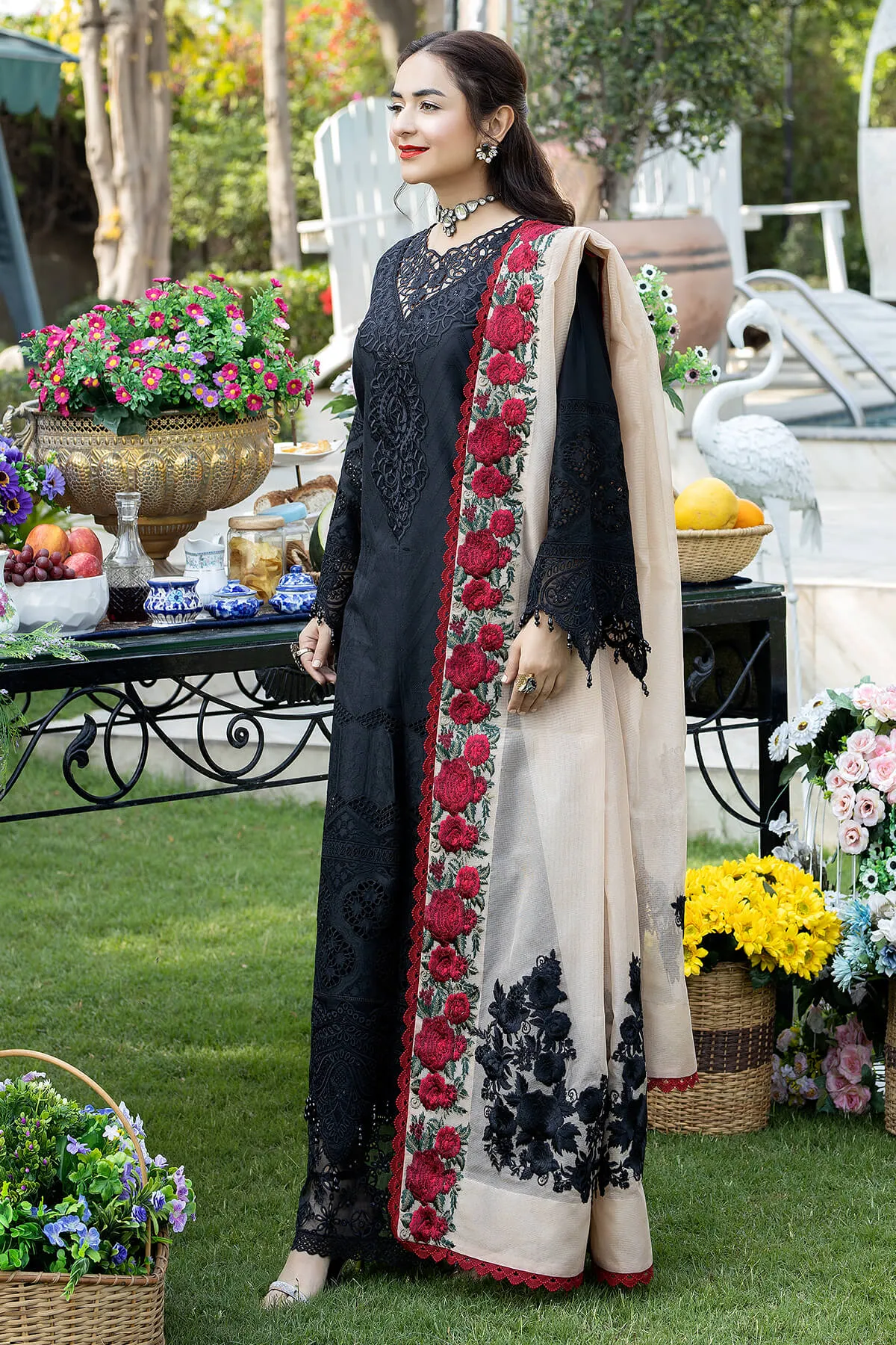 Elegant Pakistani Black Embroidered Long Kameez Trousers Party Dress