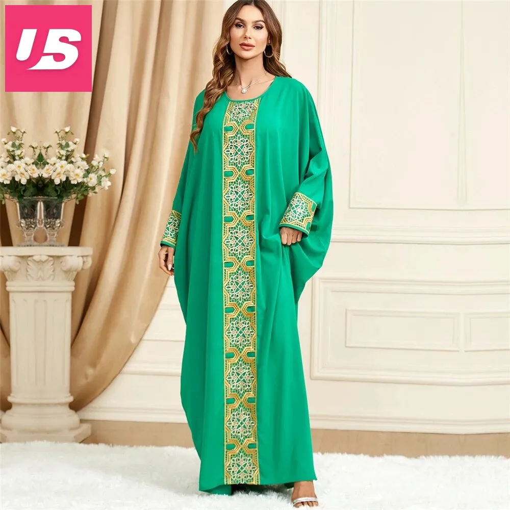 Embroidered V-Neck Batwing Sleeve Kaftan Abaya Party Gowns