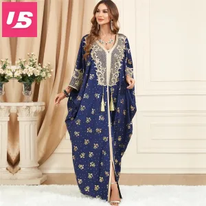 Embroidered V-Neck Batwing Sleeve Kaftan Abaya Party Gowns