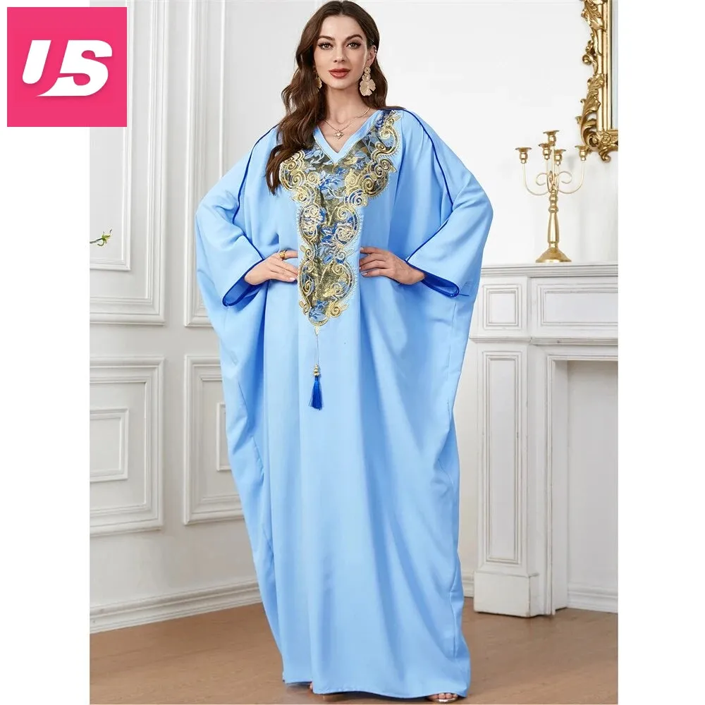 Embroidered V-Neck Batwing Sleeve Kaftan Abaya Party Gowns
