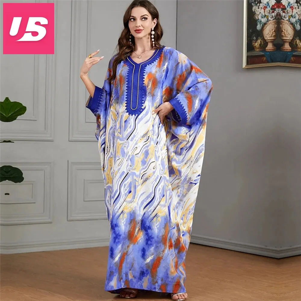Embroidered V-Neck Batwing Sleeve Kaftan Abaya Party Gowns