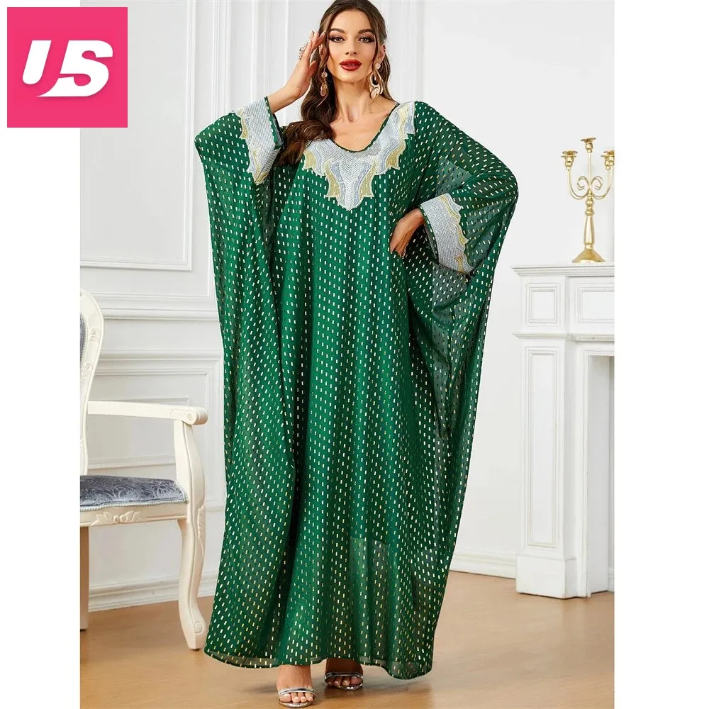 Embroidered V-Neck Batwing Sleeve Kaftan Abaya Party Gowns