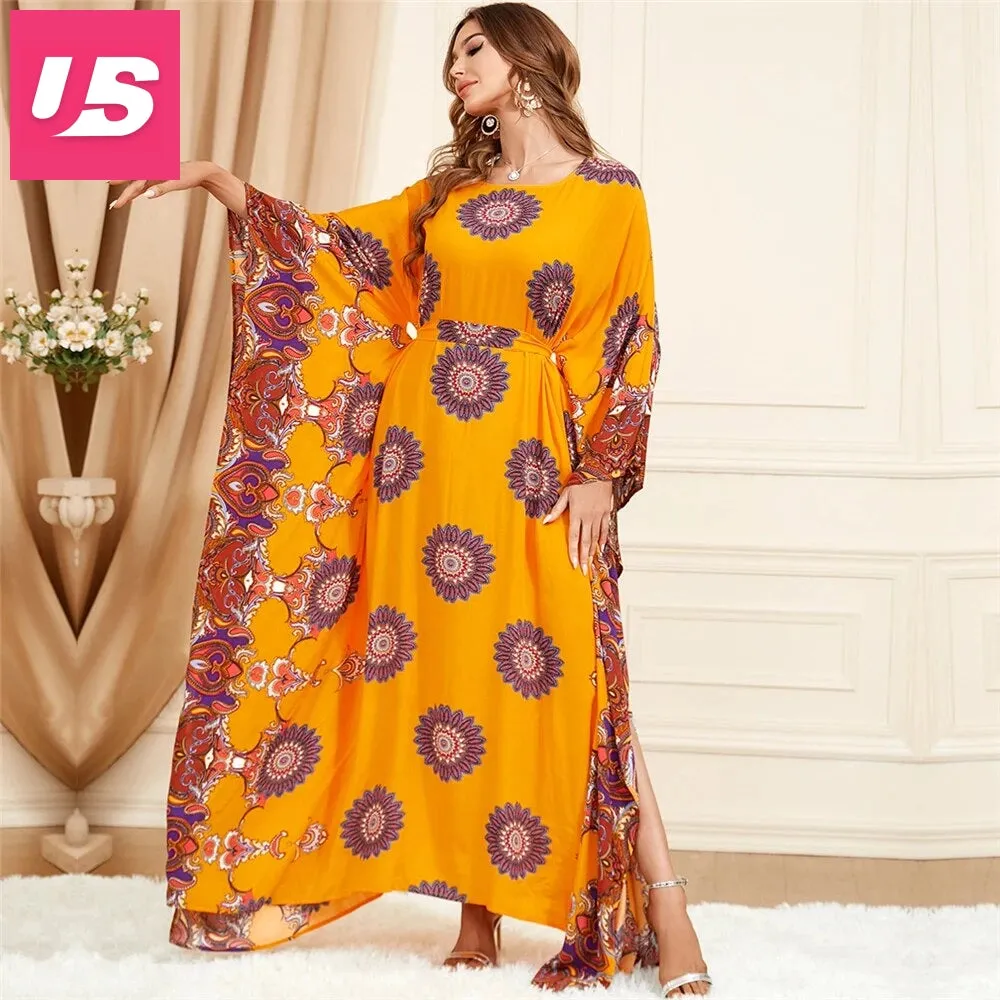 Embroidered V-Neck Batwing Sleeve Kaftan Abaya Party Gowns