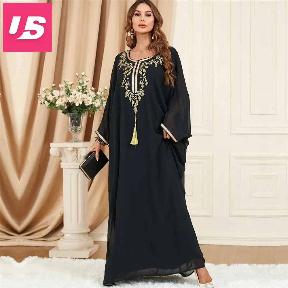 Embroidered V-Neck Batwing Sleeve Kaftan Abaya Party Gowns