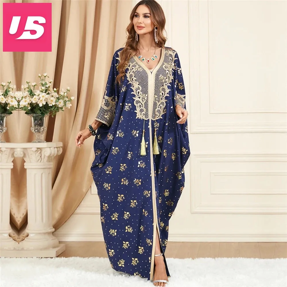 Embroidered V-Neck Batwing Sleeve Kaftan Abaya Party Gowns