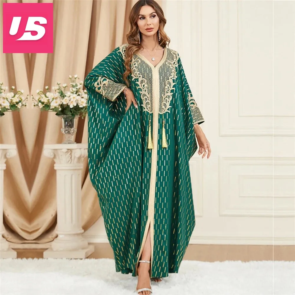 Embroidered V-Neck Batwing Sleeve Kaftan Abaya Party Gowns