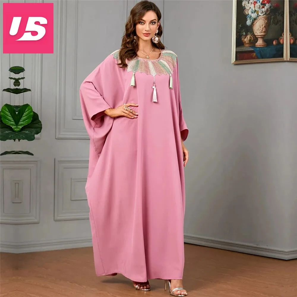 Embroidered V-Neck Batwing Sleeve Kaftan Abaya Party Gowns