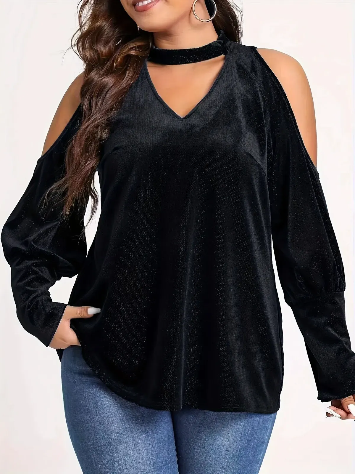 Essence Velvet Cold Shoulder Choker Top