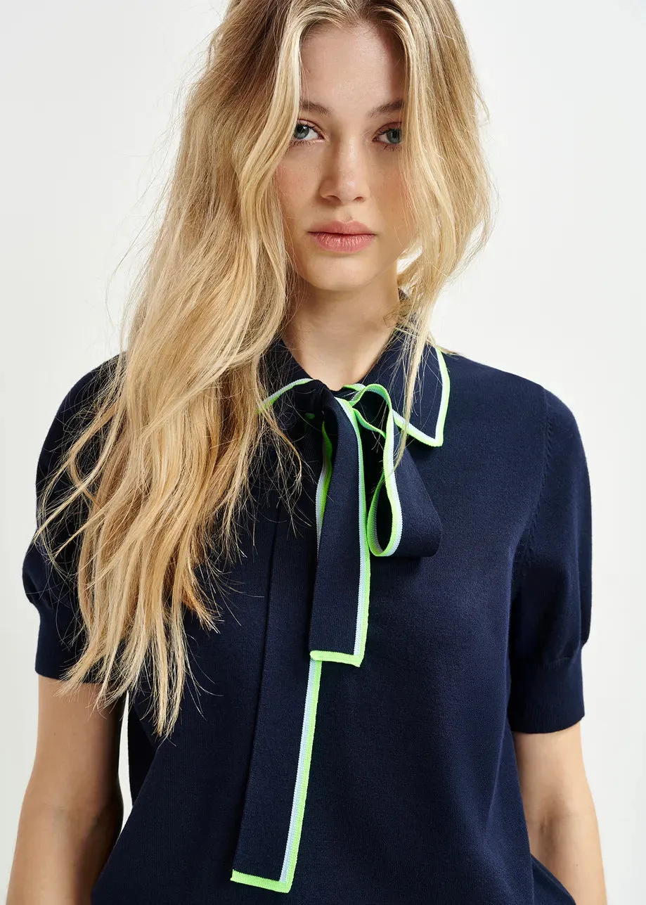 Essentiel Antwerp HEIGHT Dark blue, green and blue polo with self-tie fabric scarf