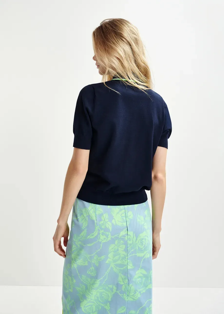Essentiel Antwerp HEIGHT Dark blue, green and blue polo with self-tie fabric scarf