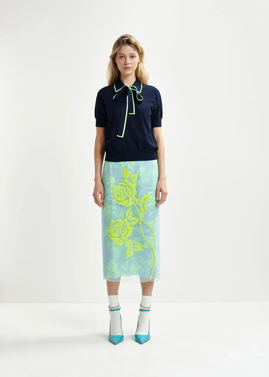 Essentiel Antwerp HEIGHT Dark blue, green and blue polo with self-tie fabric scarf