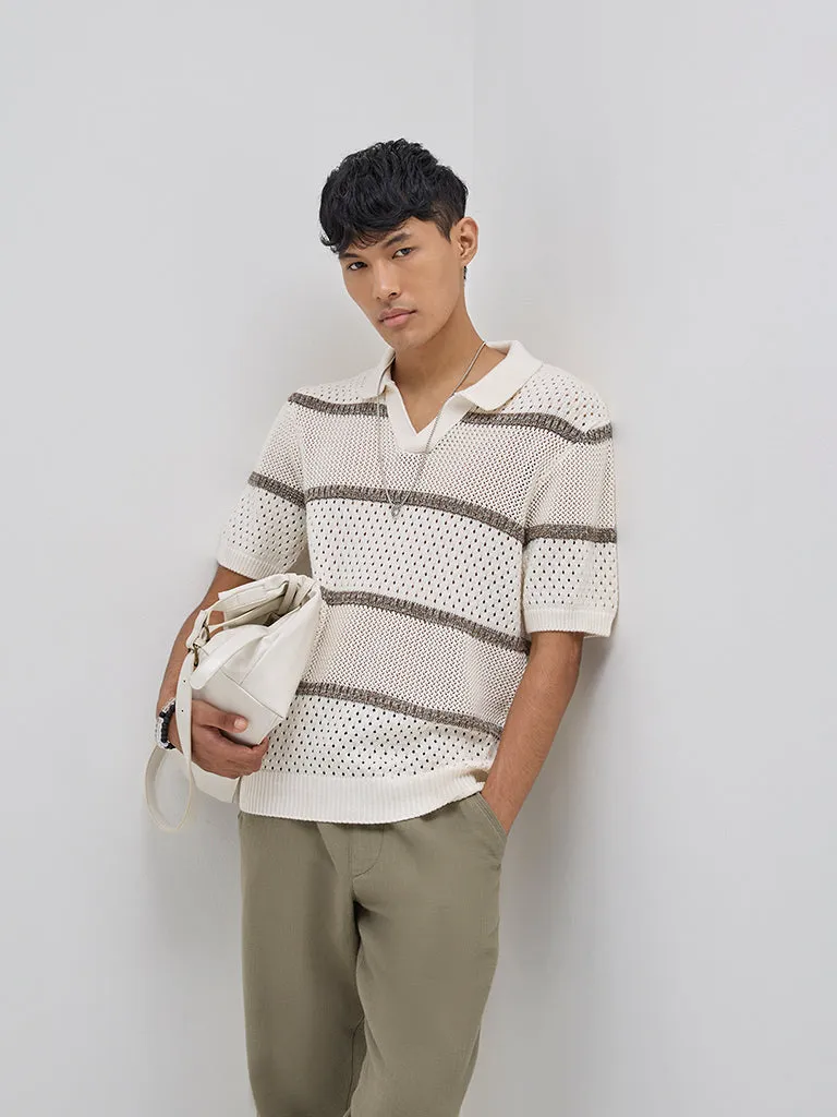 ETA Off-White Striped Knitted Relaxed-Fit Cotton-Blend Sweater