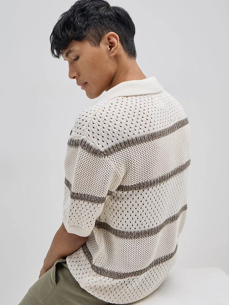 ETA Off-White Striped Knitted Relaxed-Fit Cotton-Blend Sweater