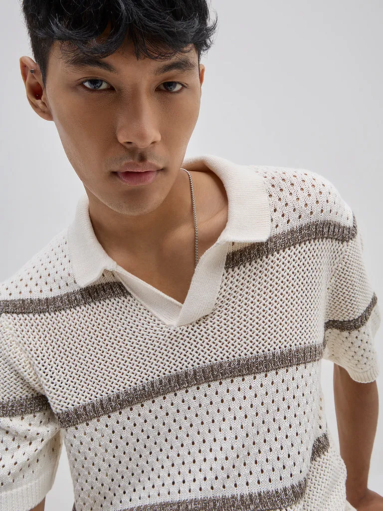 ETA Off-White Striped Knitted Relaxed-Fit Cotton-Blend Sweater