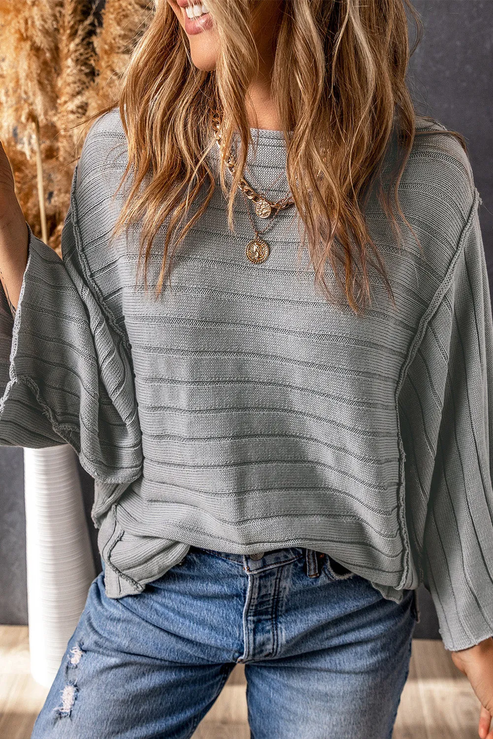 Exposed Seam Ribbed Knit Dolman Top