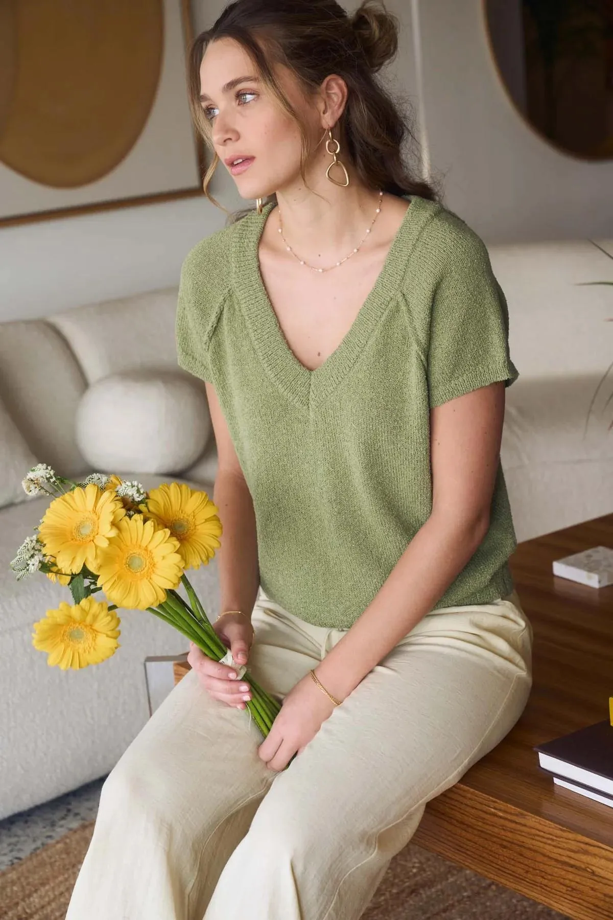 Exposed Seam V-Neck Knit Top - Olive