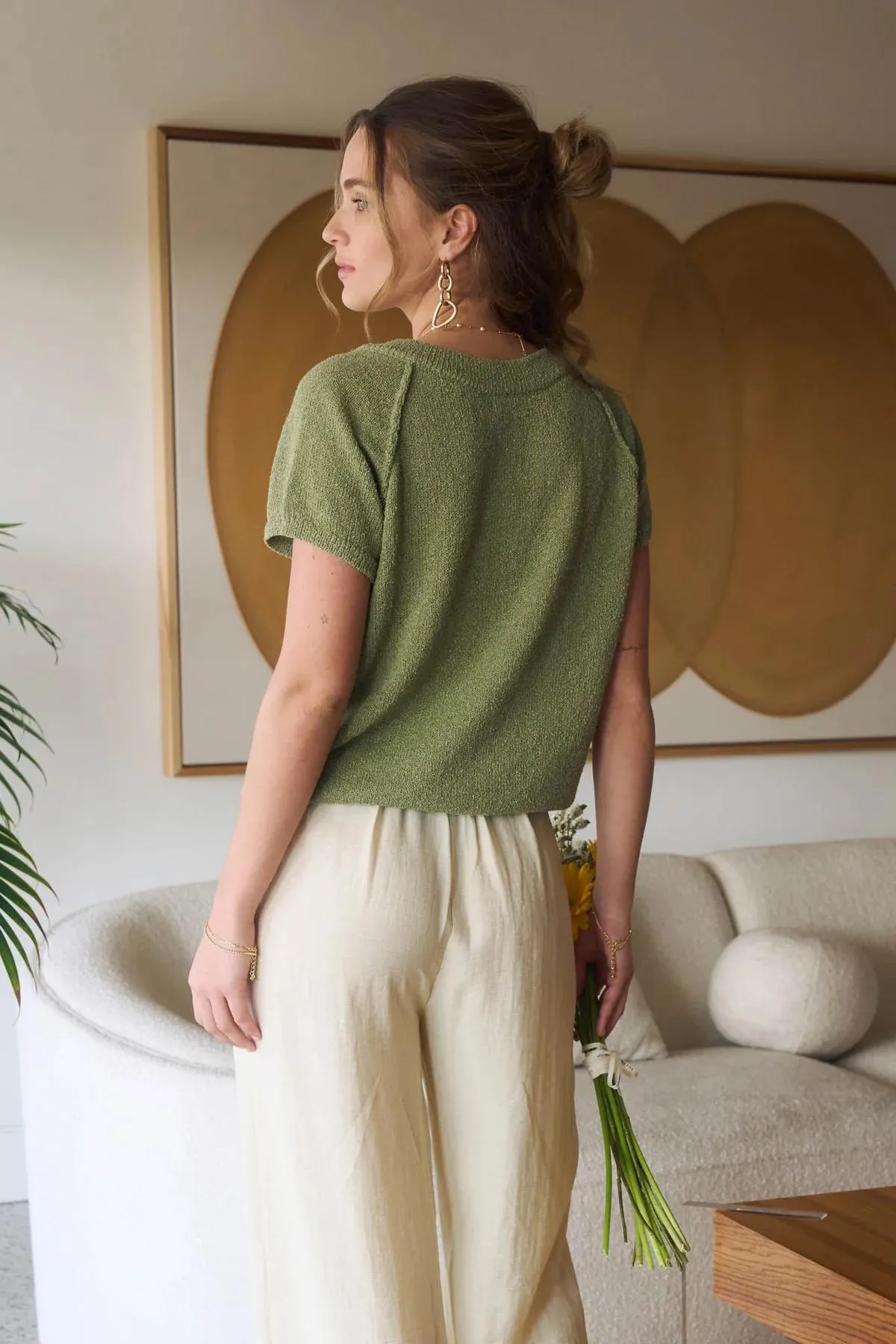Exposed Seam V-Neck Knit Top - Olive