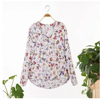 Fashion Women Elegant vintage Long Sleeve V-neck Floral Print Blouses OL Shirts Casual Women Blouse Tops